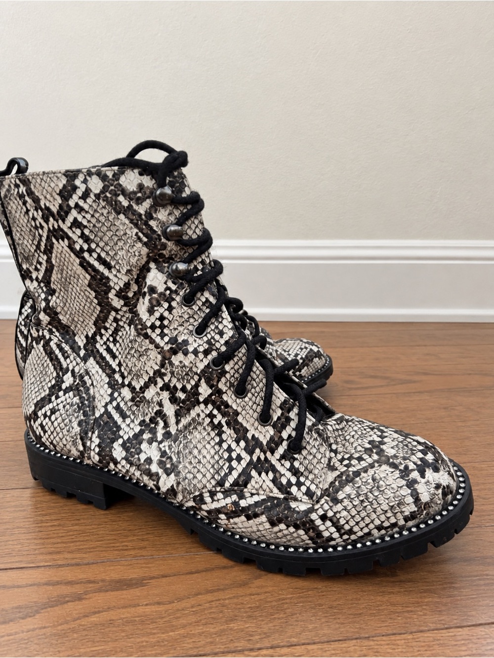 Express Snake-Print Combat Boots in Black and Cream 8